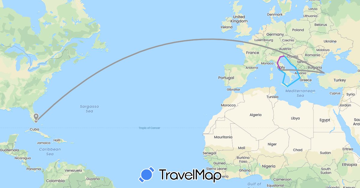 TravelMap itinerary: driving, plane, train, boat in Greece, Croatia, Italy, Turkey, United States (Asia, Europe, North America)